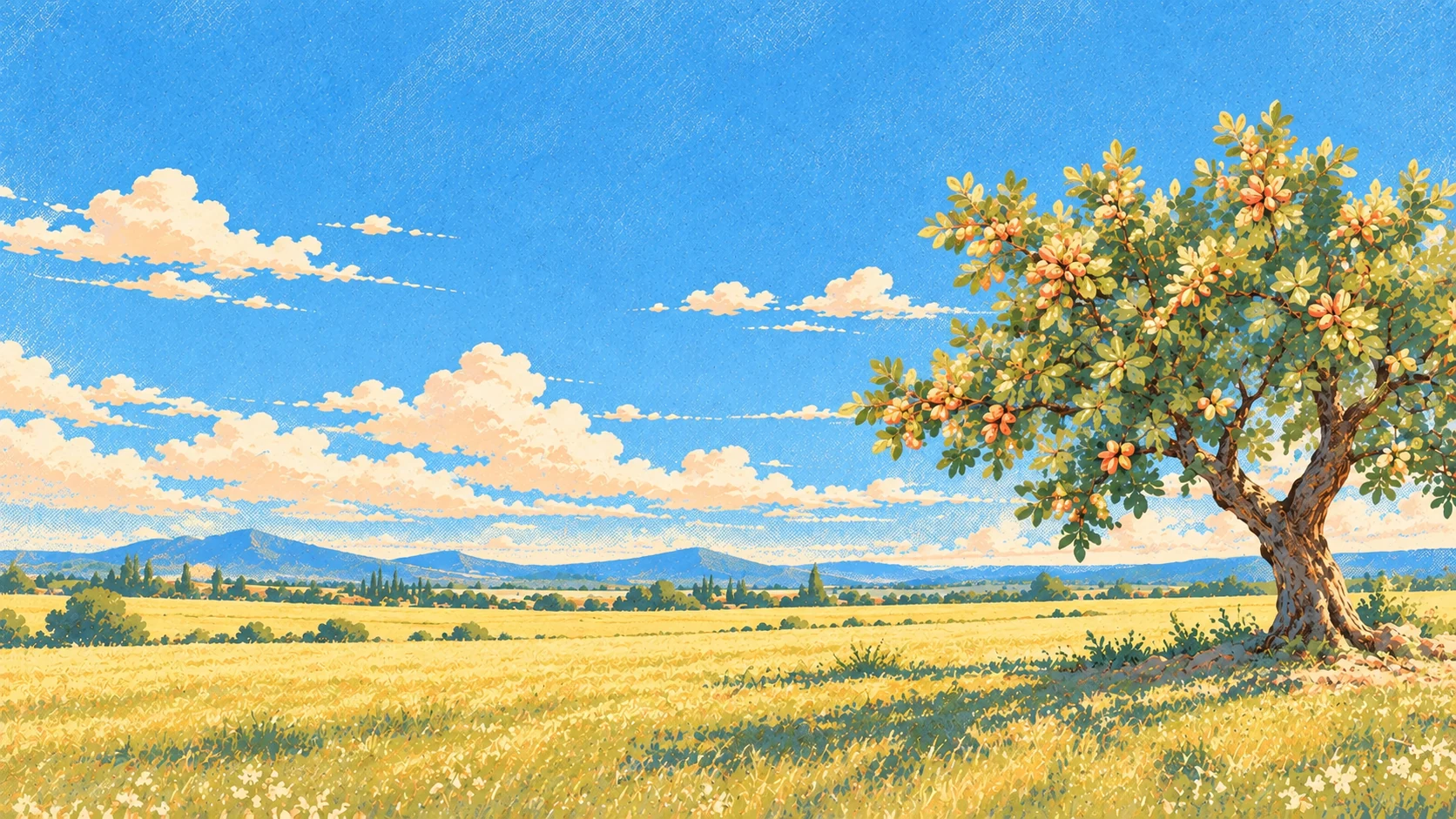 Un pistachier au milieu d’un champ doré, sous un grand ciel bleu illustré