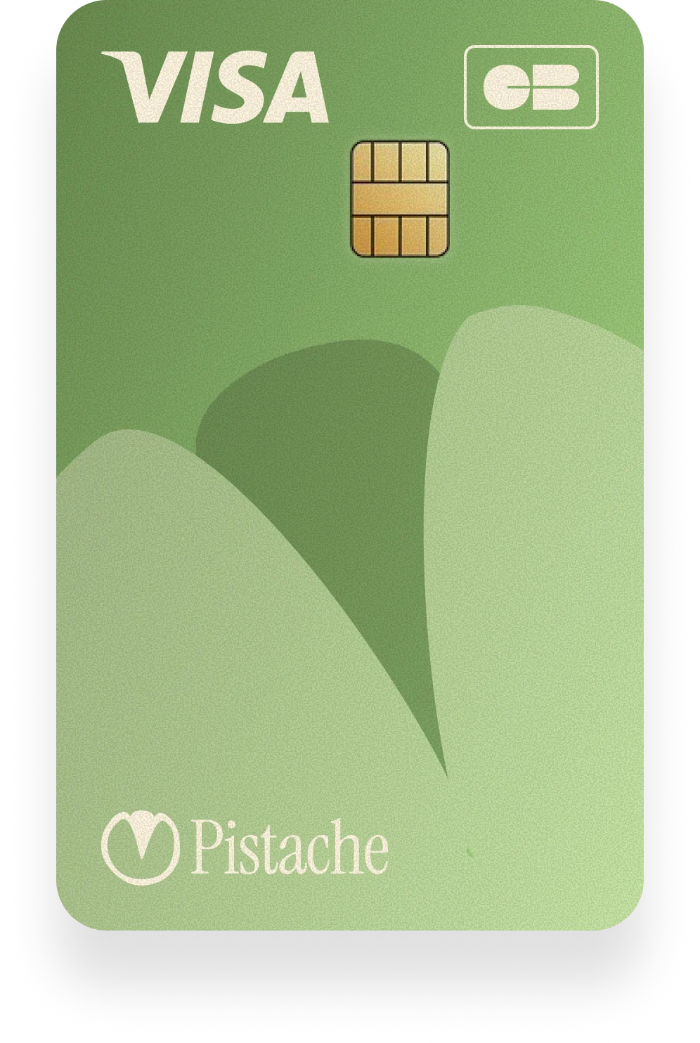 Recto de la carte bancaire Pistache, vert avec son motif végétal
