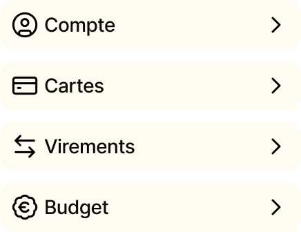 Un aperçu du menu de l’application : compte, cartes, virements et budget